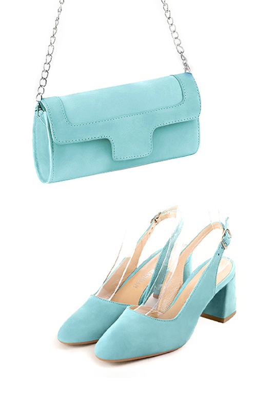 Dress clutch for wedding and parties in aquamarine blue leather - Worn view
